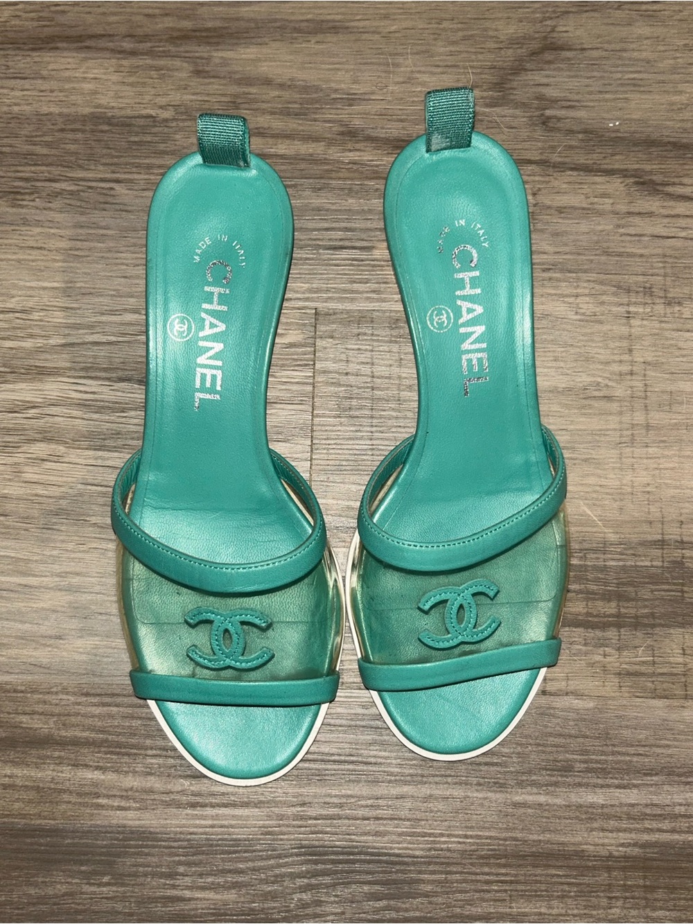 CHANEL Turquoise Green Leather PVC Slide Sandals-SIZE 36